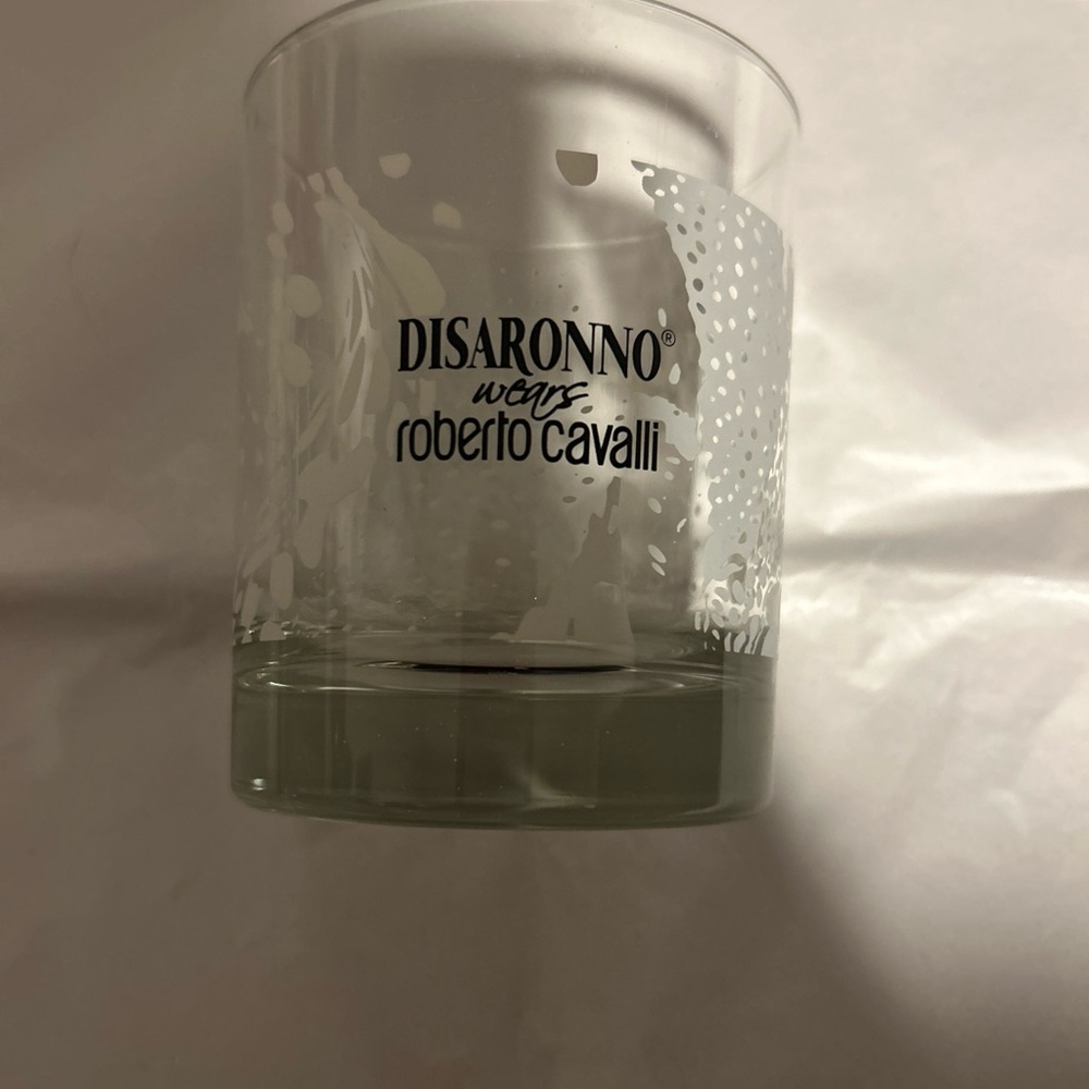 4" Tall Disaronno Wears Roberto Cavalli White Lace Logo Drinking Beverage Glass